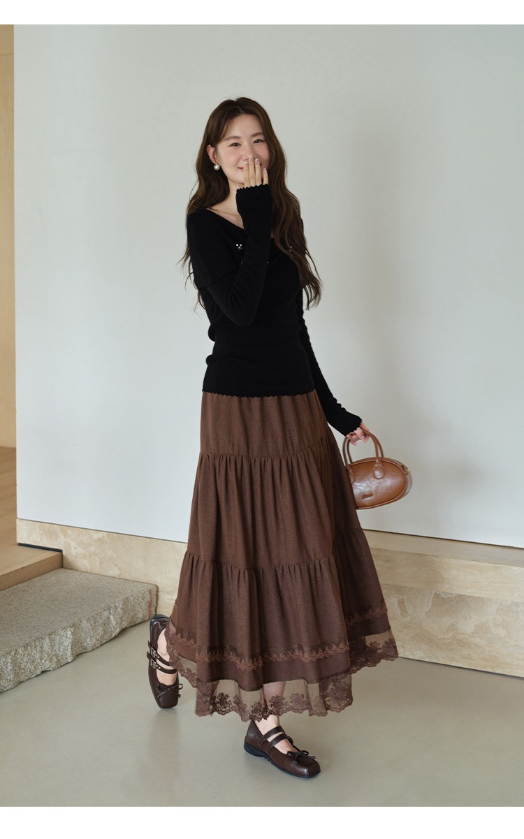 大尺碼蕾絲拼接A字半身裙蛋糕裙棕色裙子