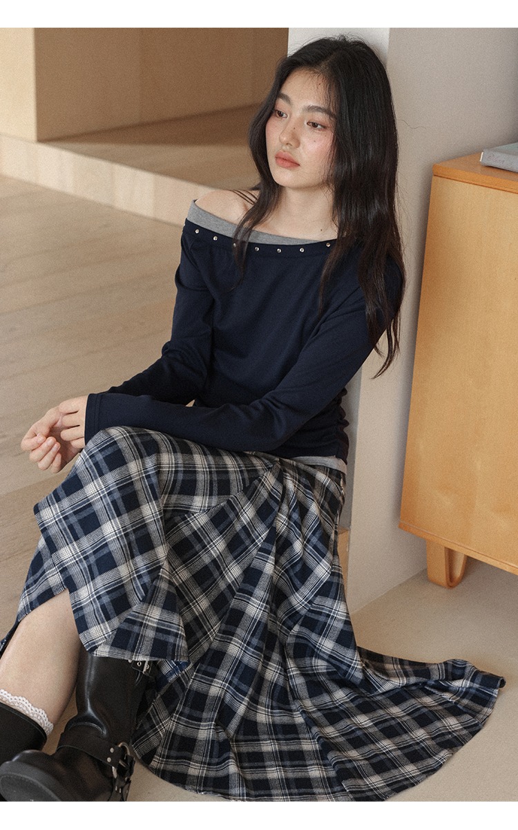 大尺碼一字肩上衣T恤個性撞色修身上衣