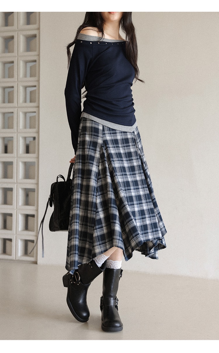 大尺碼藍白拚色格紋半身裙不規則裙襬個性穿搭