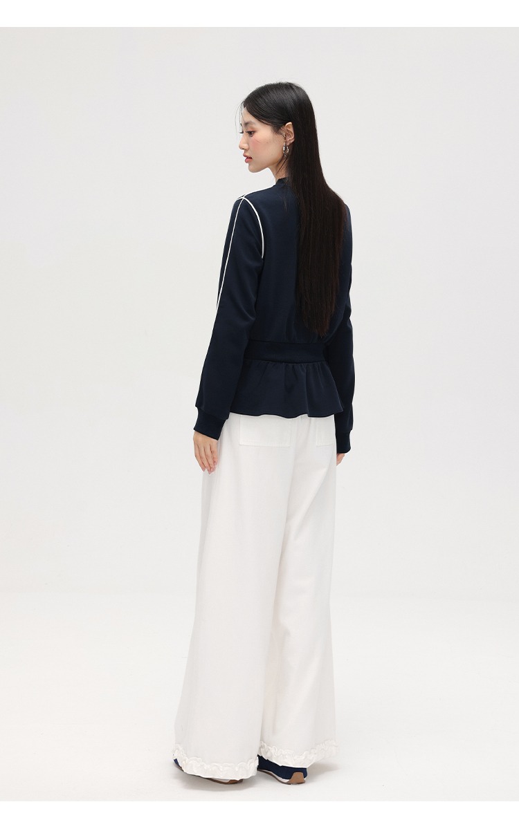 大尺碼收腰衛衣外套女拉鍊開襟衫荷葉邊上衣外套