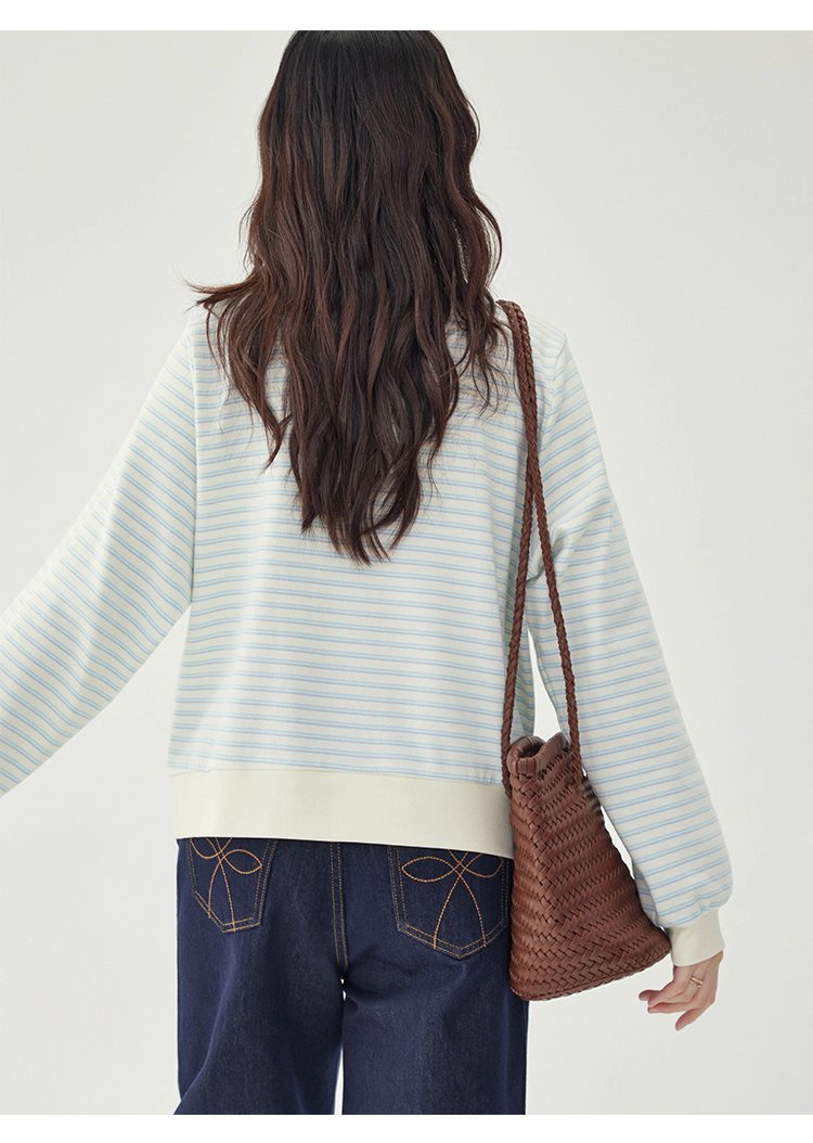 條紋不規則下擺衛衣T恤女秋季新款圓領長袖上衣
