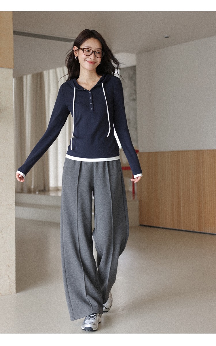 大尺碼鬆緊腰直筒闊腿褲女秋灰色休閒褲子