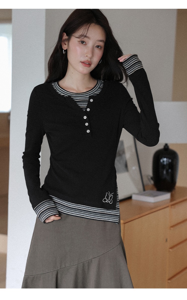 大尺碼假兩件長袖T恤條紋拼接開岔上衣