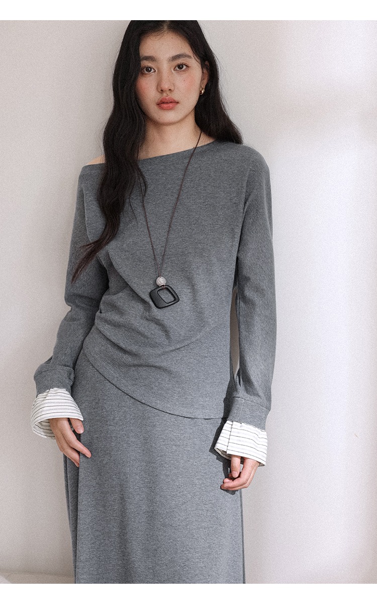 中大尺碼斜肩長袖上衣半身裙兩件套裝