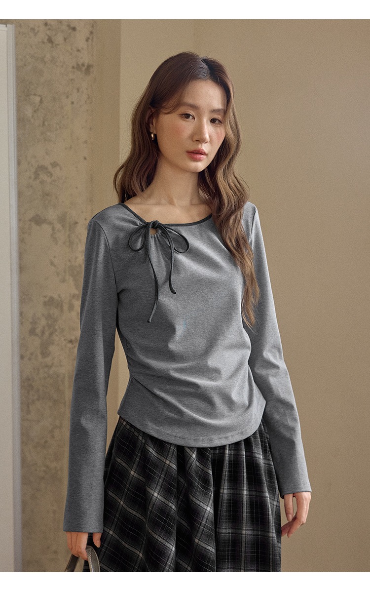 大尺碼鏤空蝴蝶結灰色長袖T恤女裝收腰上衣