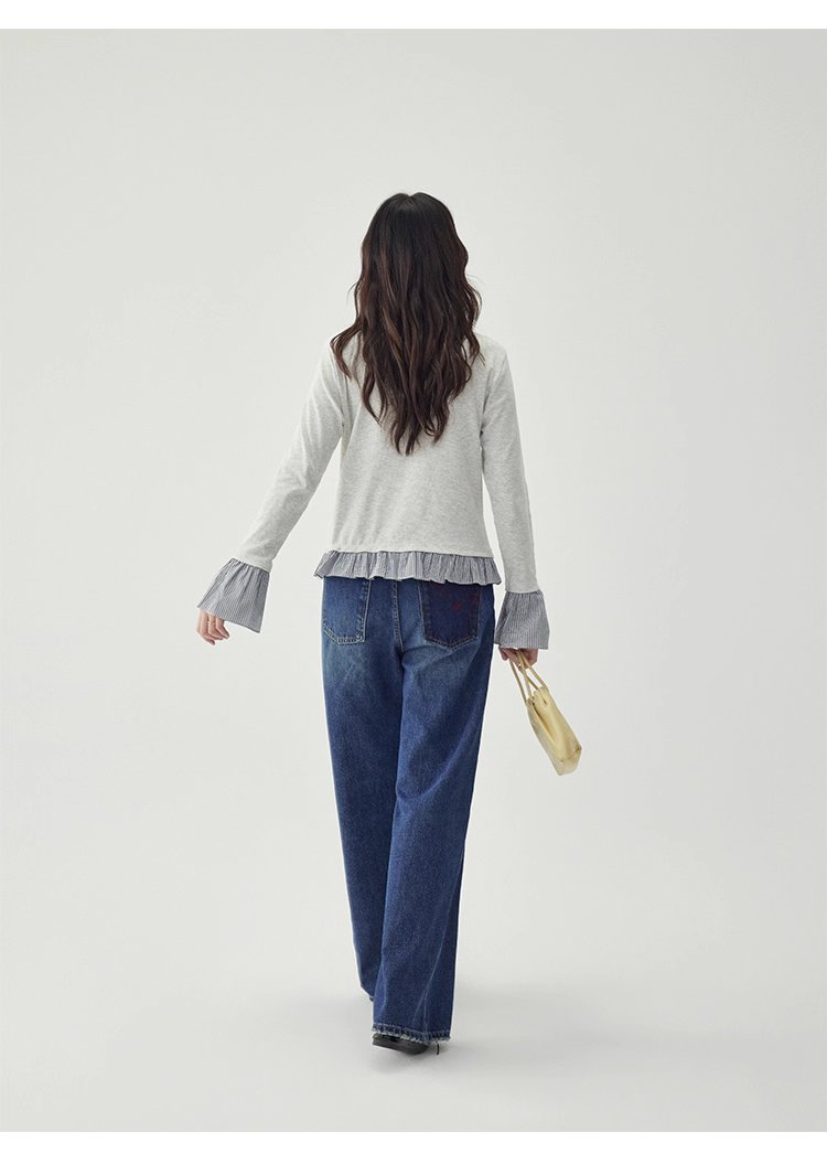 撞色拼接襯衫喇叭袖t卹女秋季新款寬鬆長袖上衣