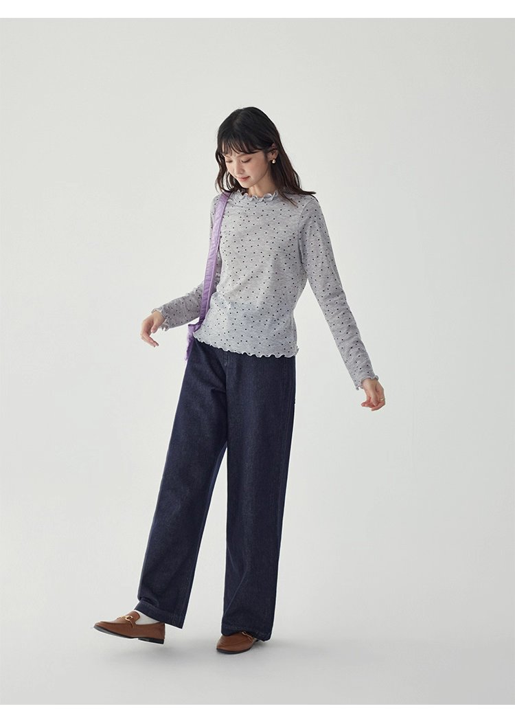 韓系密邊領波點長袖T恤女秋季新款內搭寬鬆上衣