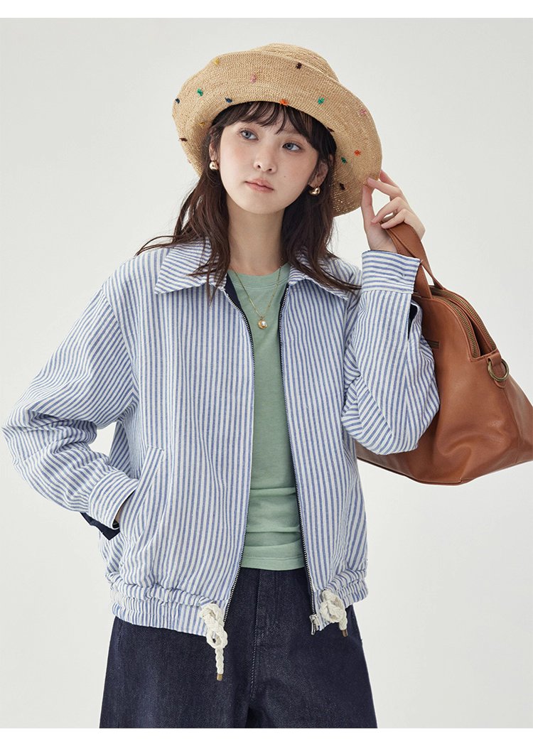 韓國翻領兩面穿拉鍊外套女秋季新款純棉長袖上衣