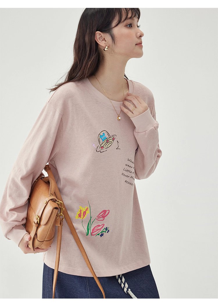 減齡印花落肩長袖粉紅T恤女秋新款寬鬆百搭上衣
