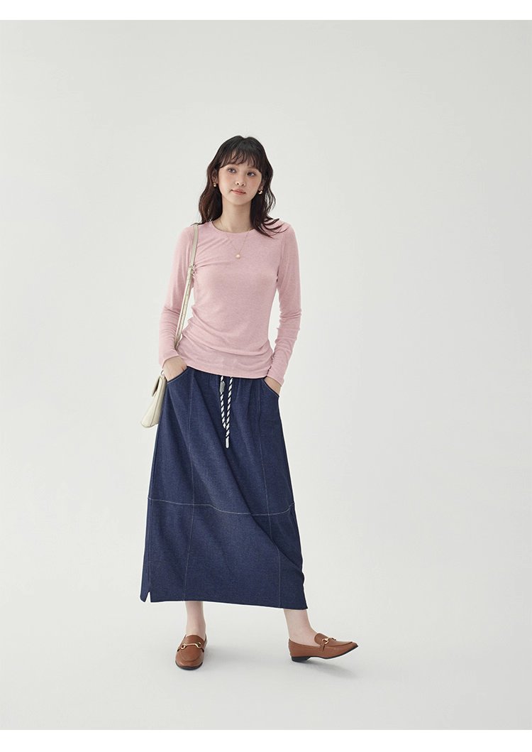 藍色鬆緊腰a字半身裙女秋季新款百搭抽繩中長裙