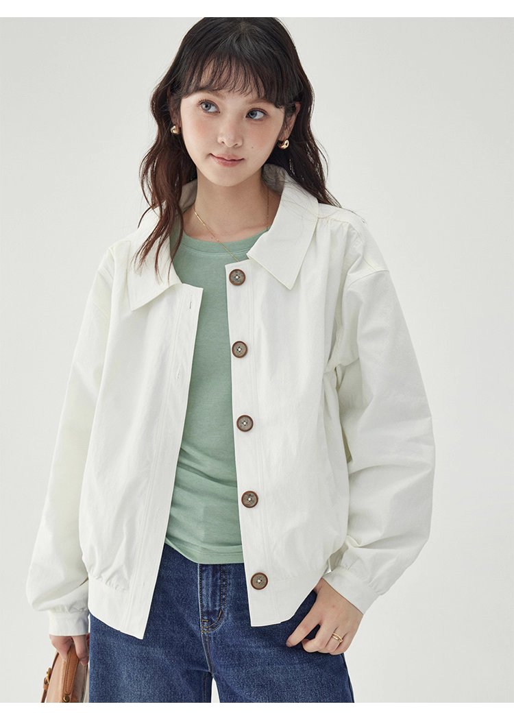 白色單排扣polo領長袖外套女25秋季新款寬鬆上衣