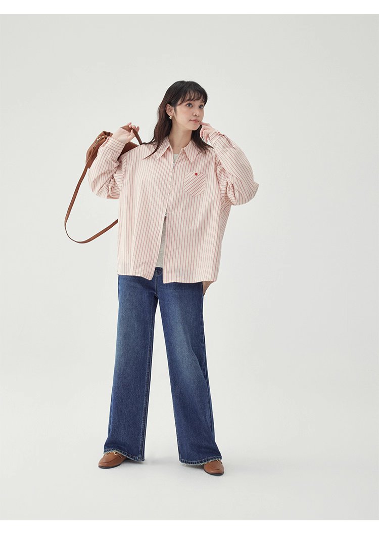 粉紅色圖案雙拉鍊長袖襯衫女秋季新款純棉外套上衣