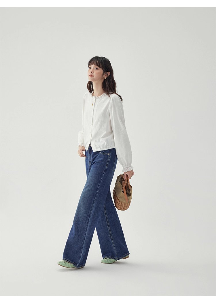 花邊長袖後貼花片白襯衫女秋季新款甜美純棉上衣