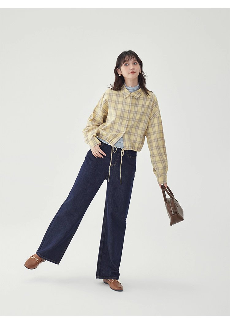 黃格單排扣抽繩下擺襯衫女秋季新款純棉長袖上衣