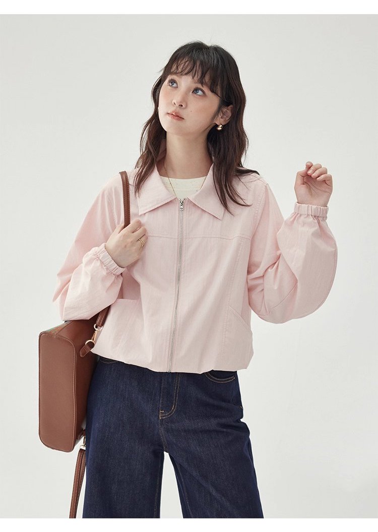 少女感粉紅拉鍊長袖外套女秋季新款翻領短版上衣