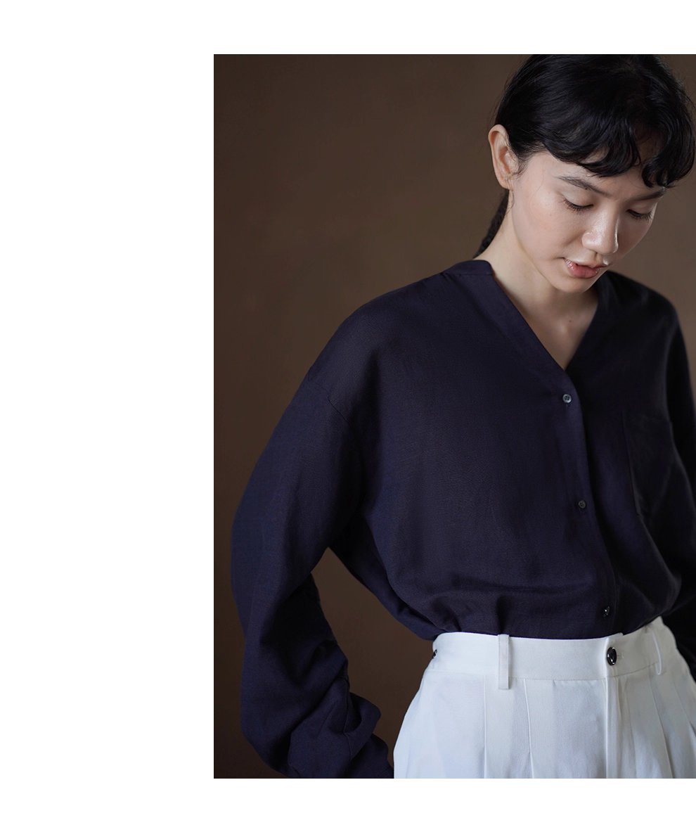 海上航線亞麻混紡透氣挺括質感V領寬鬆顯瘦通勤長袖襯衫