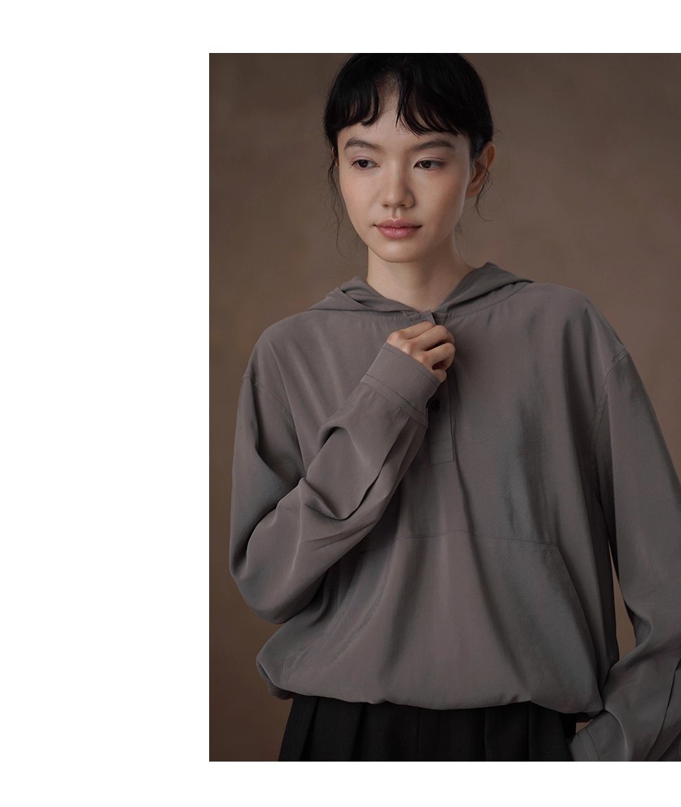 垂爽絲滑綿軟手感顯瘦寬鬆上衣半門襟休閒連帽長袖襯衫