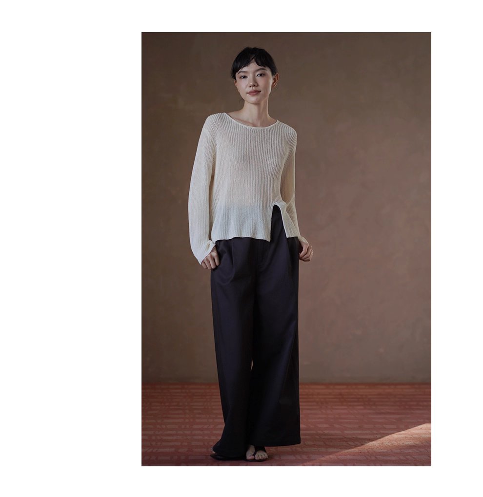 晴空白塔針織鏤空編織肌理感寬鬆顯瘦開叉長袖通勤罩衫