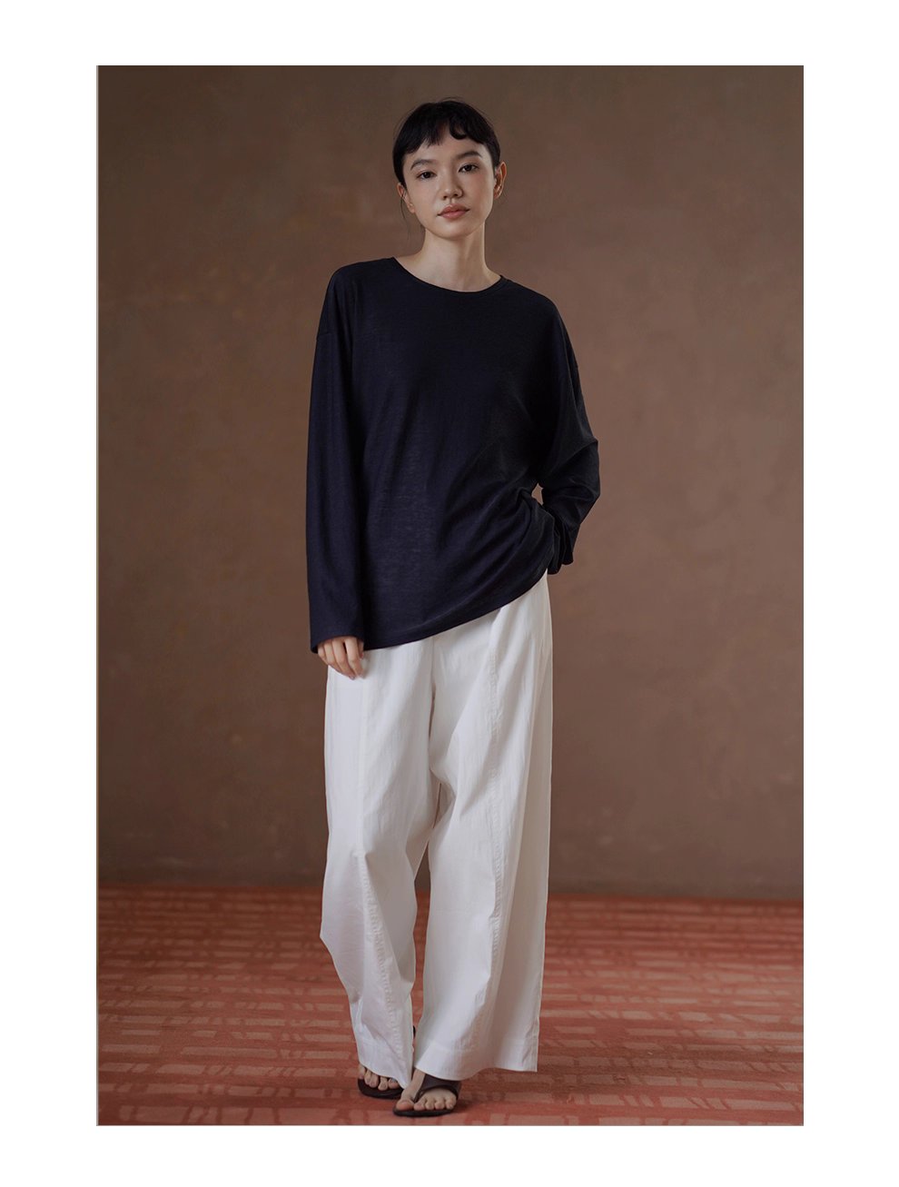 高品質桑蠶絲棉亞麻混紡竹節麻肌理感寬鬆顯瘦長袖T恤女