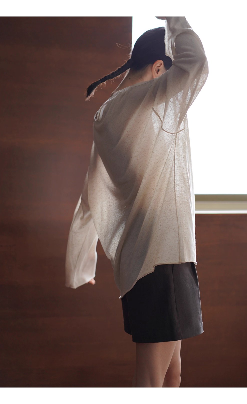 紙片人V領慵懶罩衫清爽天絲亞麻紗線寬鬆顯瘦長袖上衣女