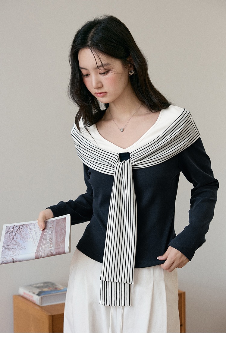 大尺碼條紋飄帶拼接T恤女秋季海軍風上衣