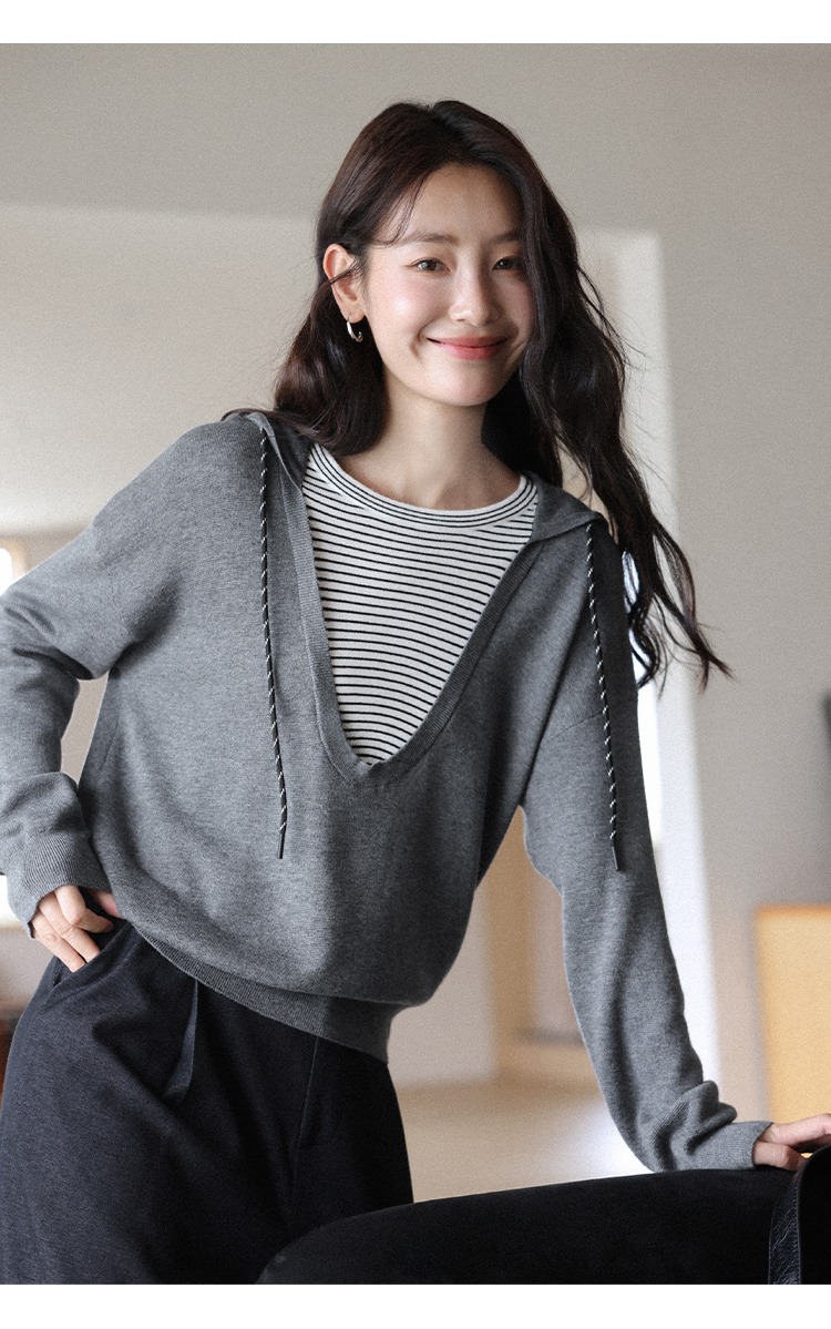 大尺碼條紋拼接假兩件連帽針織衫秋裝韓系慵懶上衣