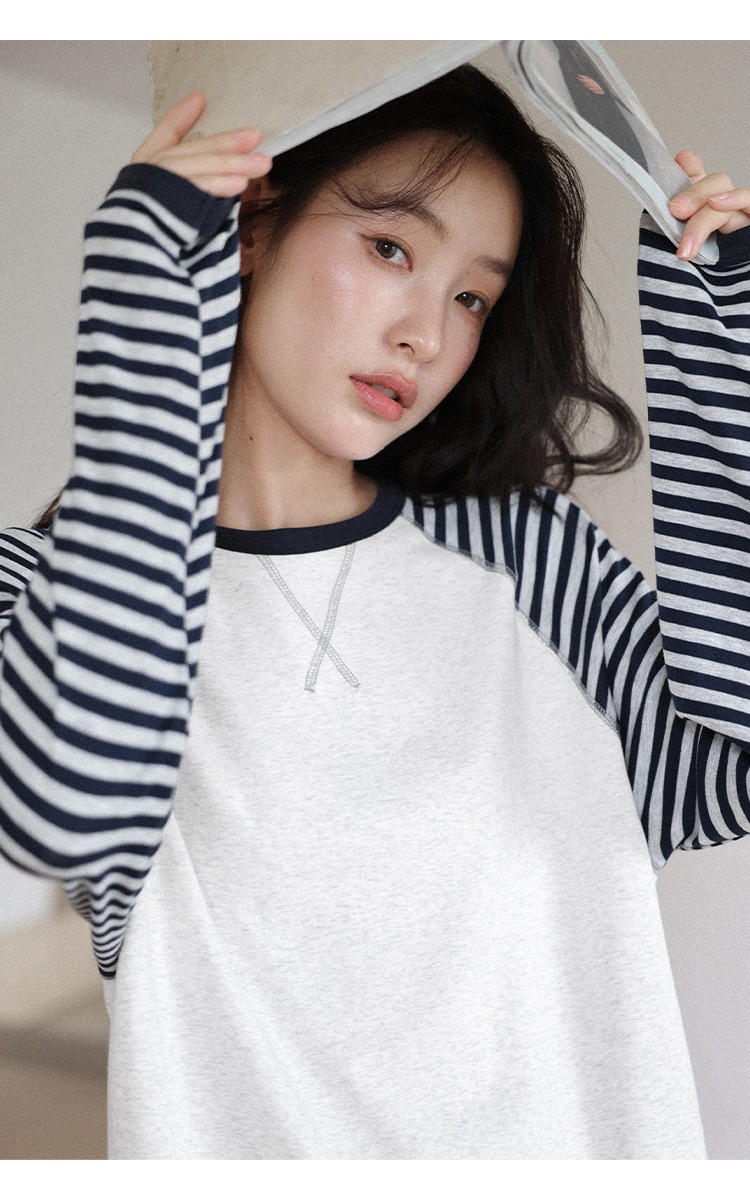 條紋長袖花灰色T恤女2025全新內搭秋裝大尺碼遮肚上衣