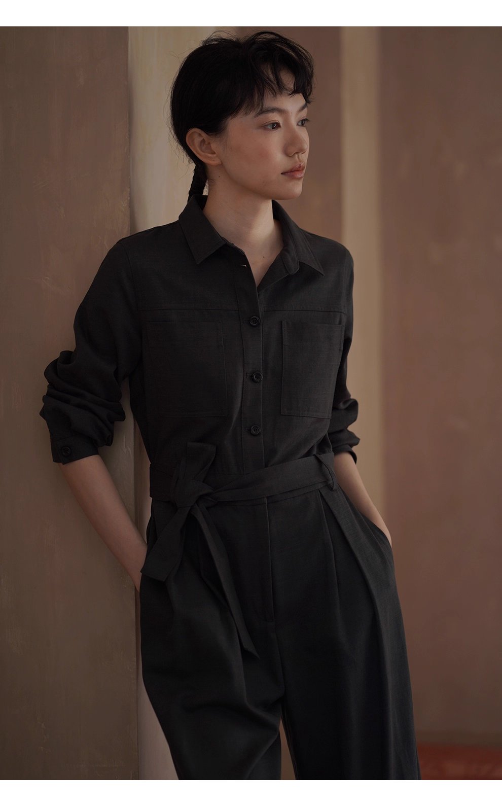 酷颯都市工裝寬鬆襯衫領闊腿顯瘦萊賽爾棉通勤連身褲