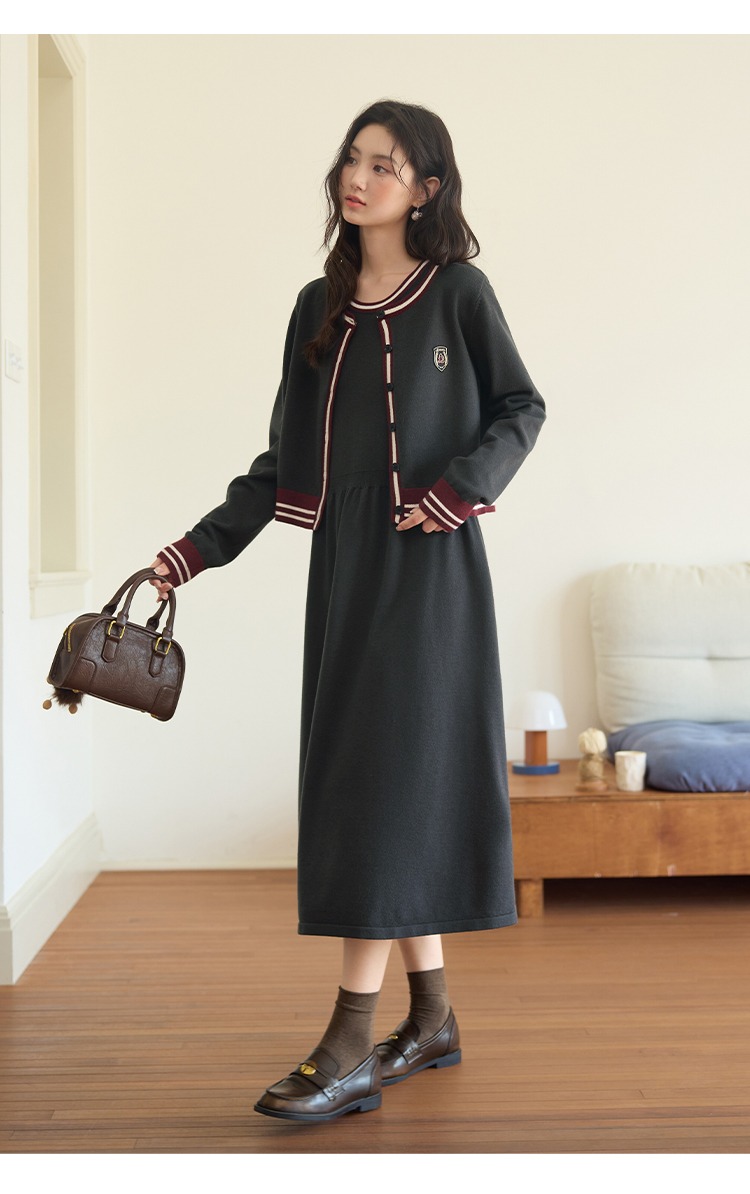 大尺碼套裝背心連身裙洋裝針織開襟衫兩件套裝