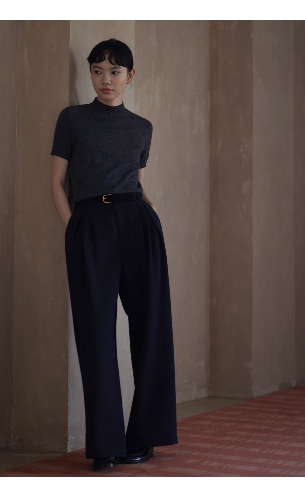 鬆弛顯瘦版型雙面織造斜紋西褲布料高腰闊腿通勤長褲女