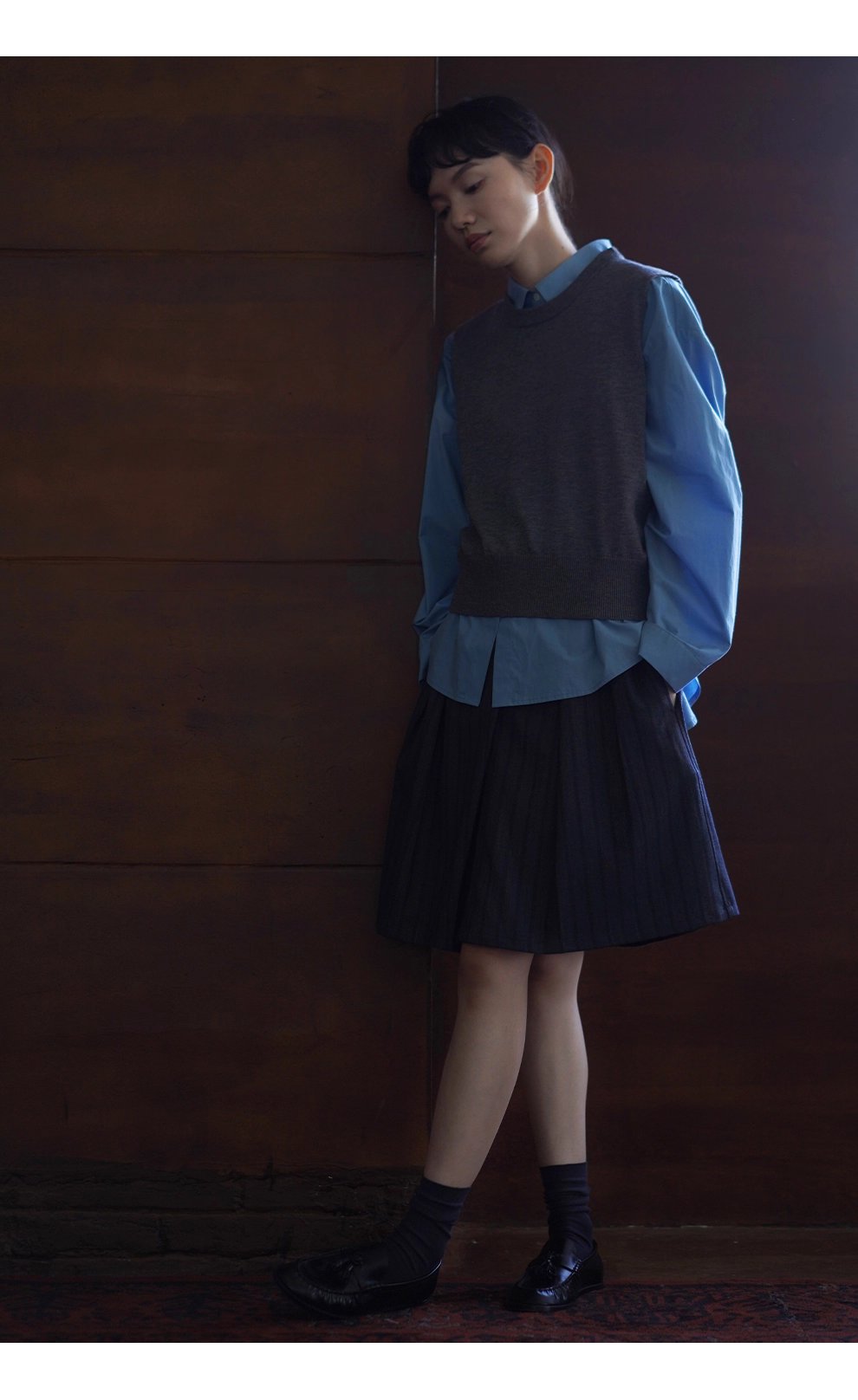 品質暗條紋肌理感斜門襟中長百褶高腰顯瘦學院風半身裙