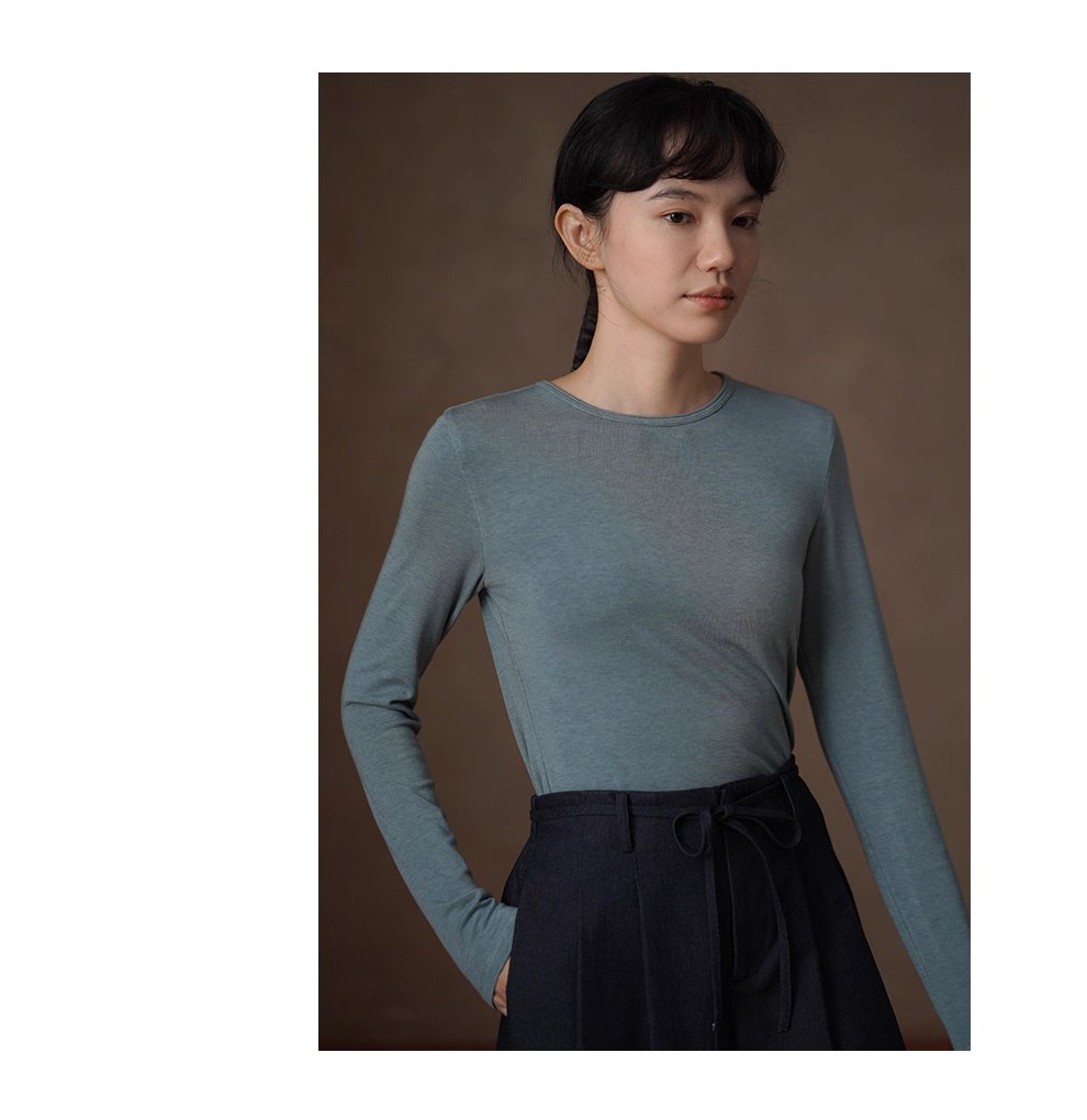 貼身保護舒適彈性軟糯親膚綿羊毛萊賽爾長袖圓領合身T恤