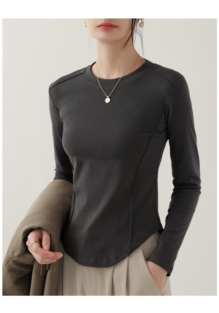 圓領打底衫女魚骨圓弧下擺長袖長袖T恤女內搭洋氣合身上衣