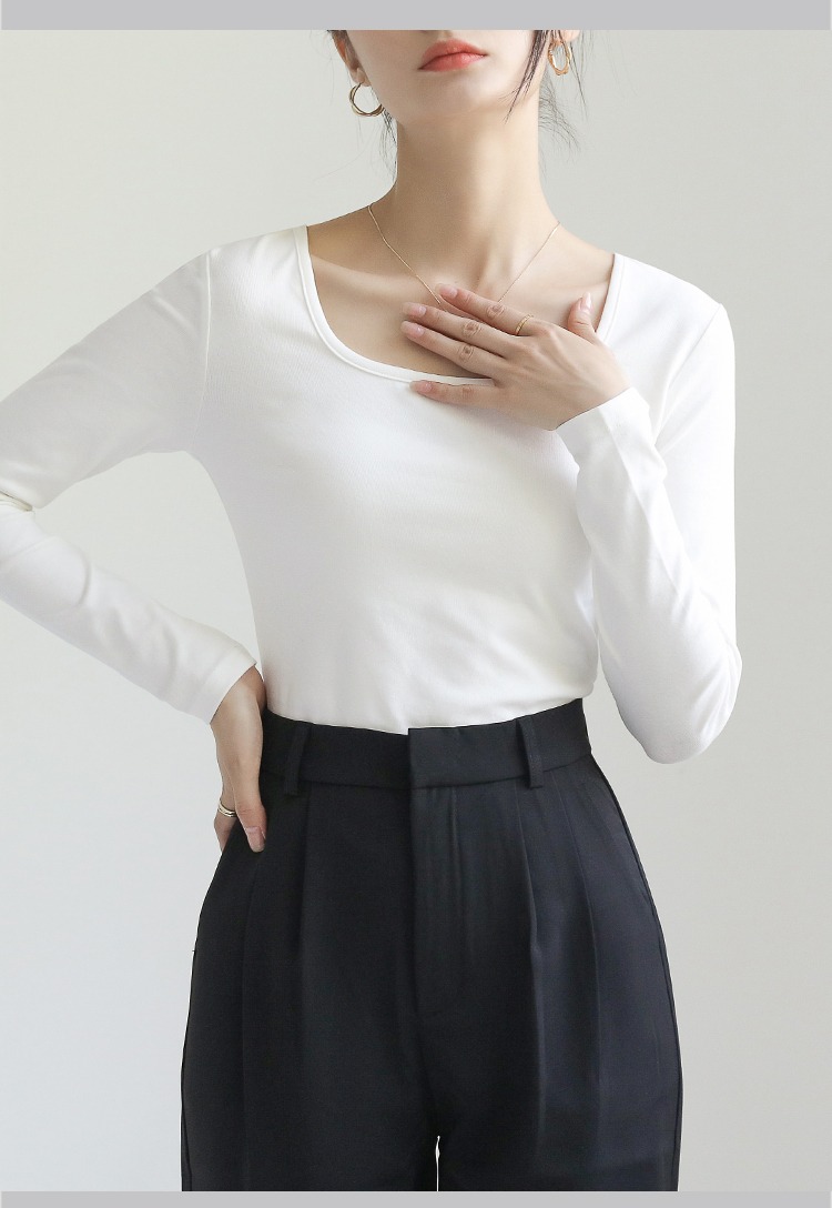 U領長袖T恤上衣方領鎖骨低領合身打底衫內搭時髦時尚洋氣
