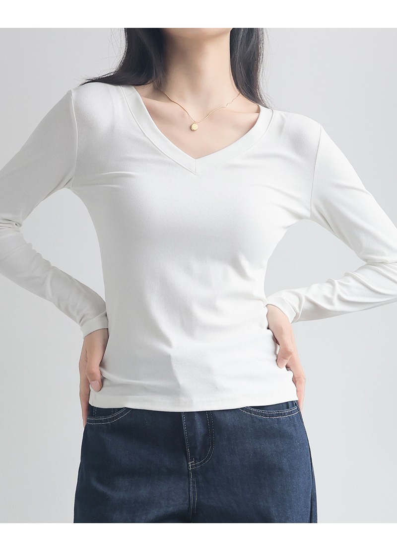 小V領打底衫上衣女內搭白色外穿正肩洋氣顯瘦修身長袖T恤