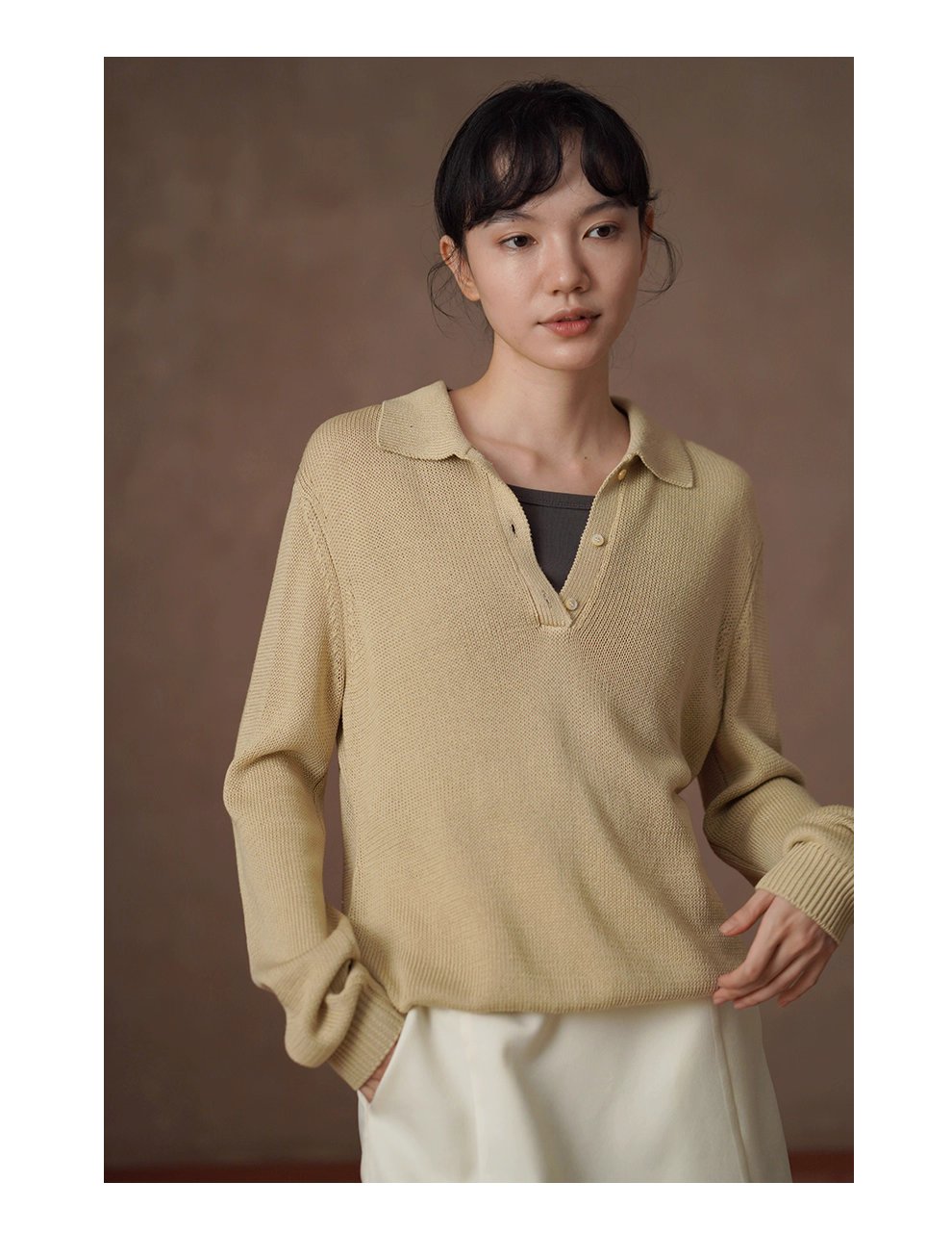 溫和薑茶亞麻鬆弛寬鬆復古顯瘦Polo領針織落肩通勤上衣