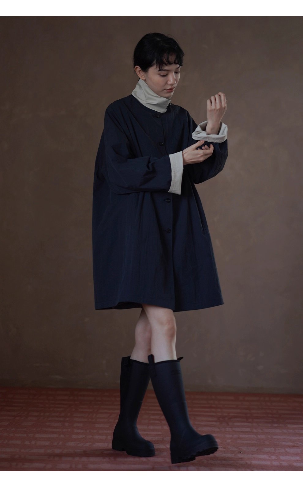 細節滿滿原創外套撞色拼接立領皮袢中長款寬鬆顯瘦風衣