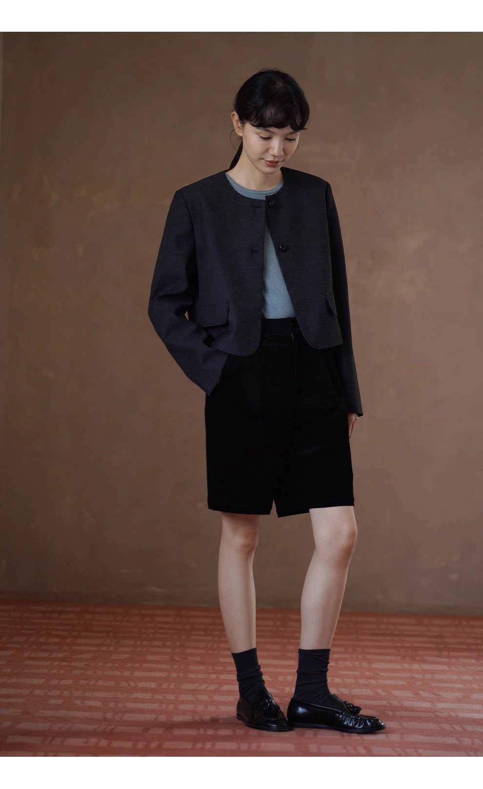 深空亞麻肌理感圓領通勤短外套經典俐落簡約顯瘦西裝女