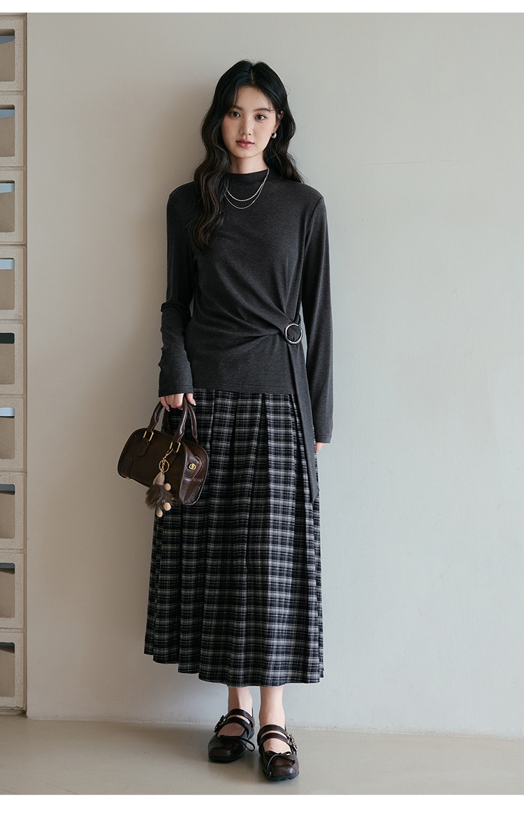 中大尺碼長袖T恤女飄帶上衣半高領打底衫上衣