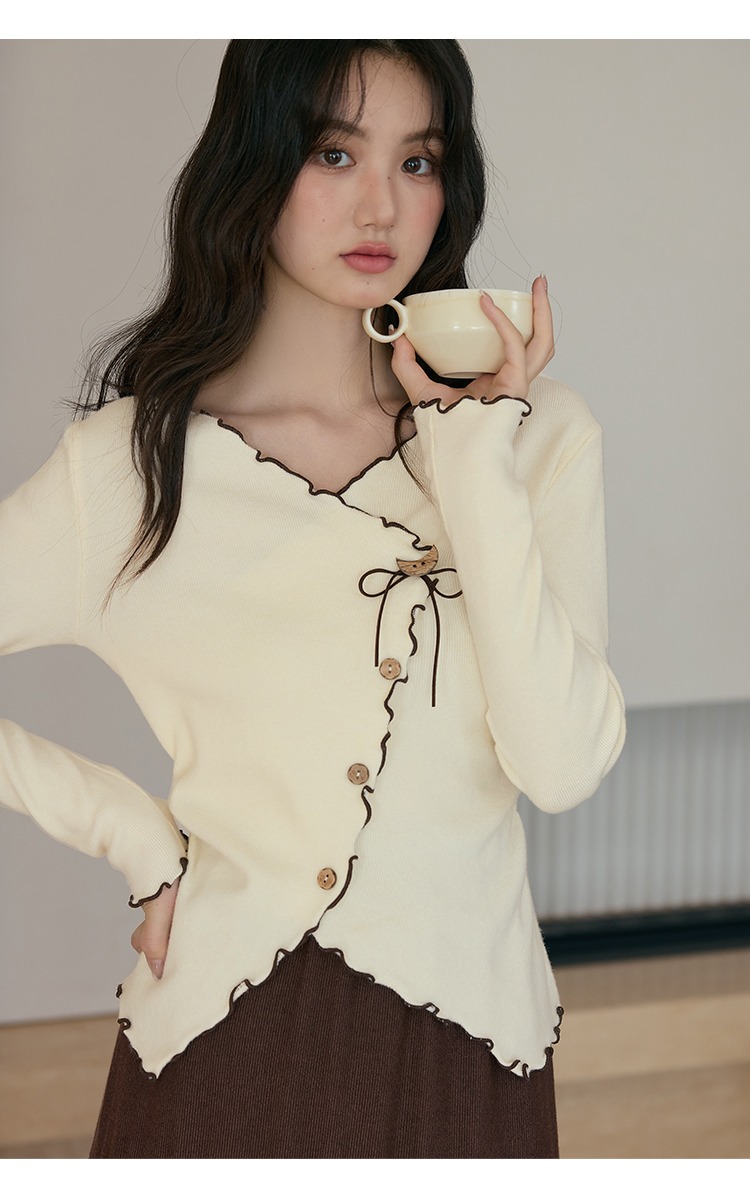 中大尺碼撞色木耳滾邊V領針織衫長袖上衣