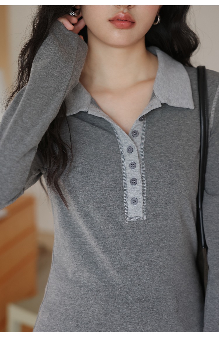 大尺碼正肩Polo領子長袖T恤女灰色上衣