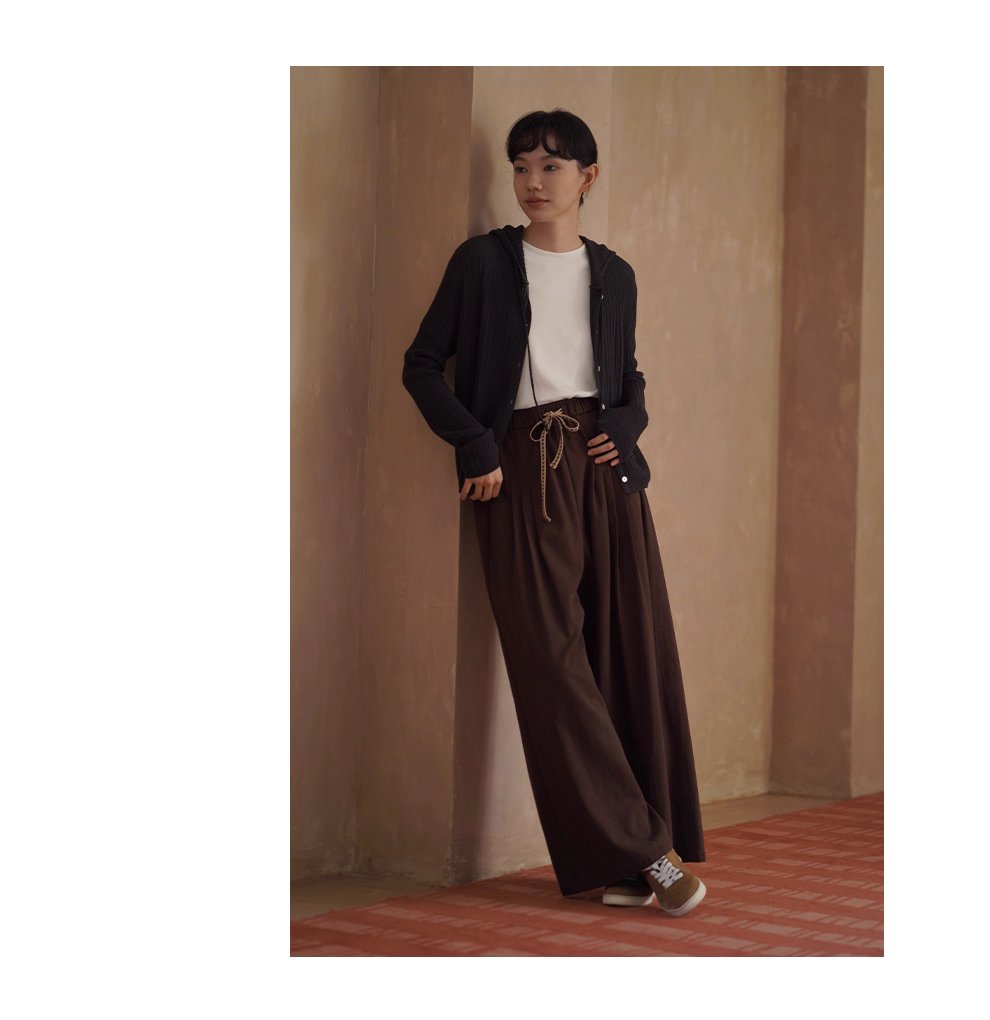 榛果拿鐵長褲顯瘦輪廓柔軟寬鬆織帶抽繩高腰遮肉闊腿褲