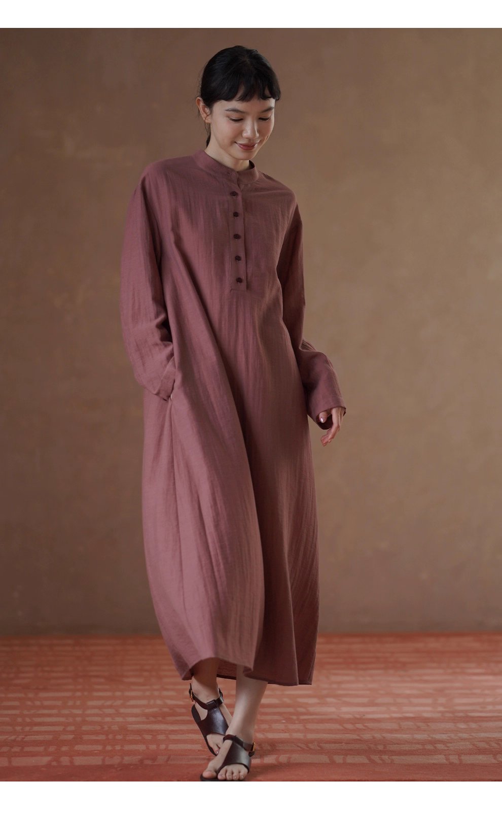 清雅芍藥顯白亞麻混紡透氣挺括顯瘦寬鬆立領襯衫洋裝