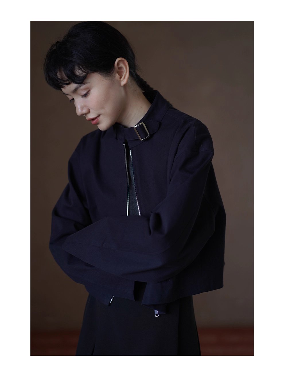 簡約騎士夾克立領日字袢小個子短款寬鬆落肩顯瘦外套女