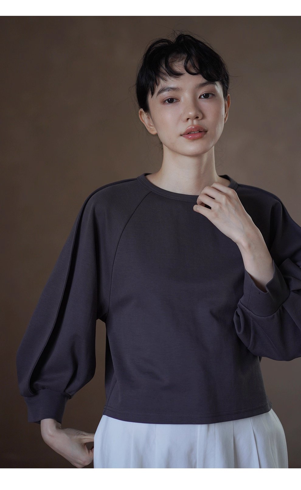 顯瘦遮肉輪廓立體燈籠剪裁插肩袖圓領上衣寬鬆休閒T恤女