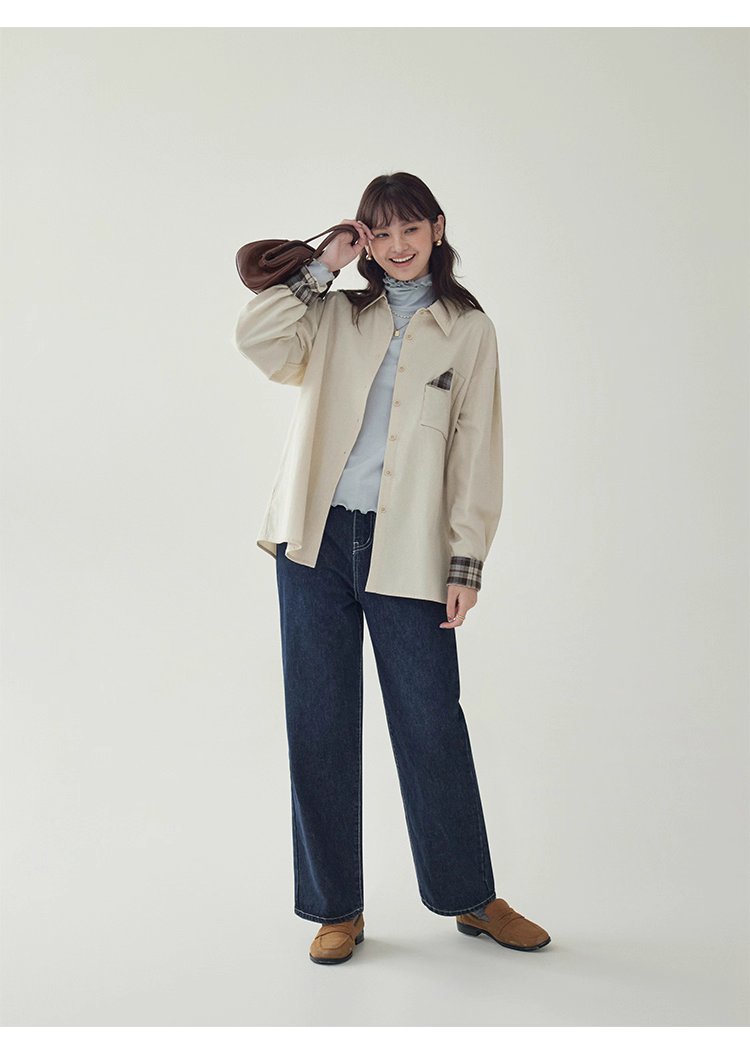 撞色格紋燈芯絨長袖襯衫女秋季新款翻領外套上衣