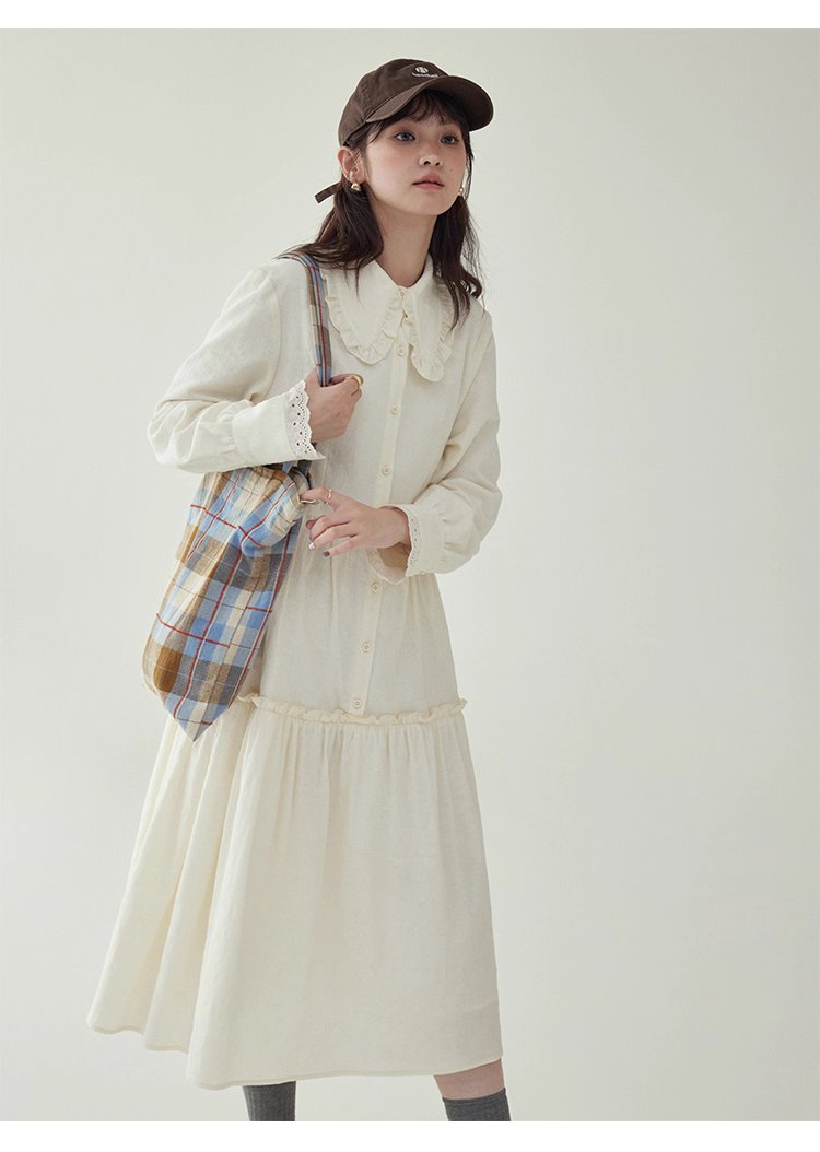 減齡純色花邊翻領洋裝女秋季新款中長娃娃裙