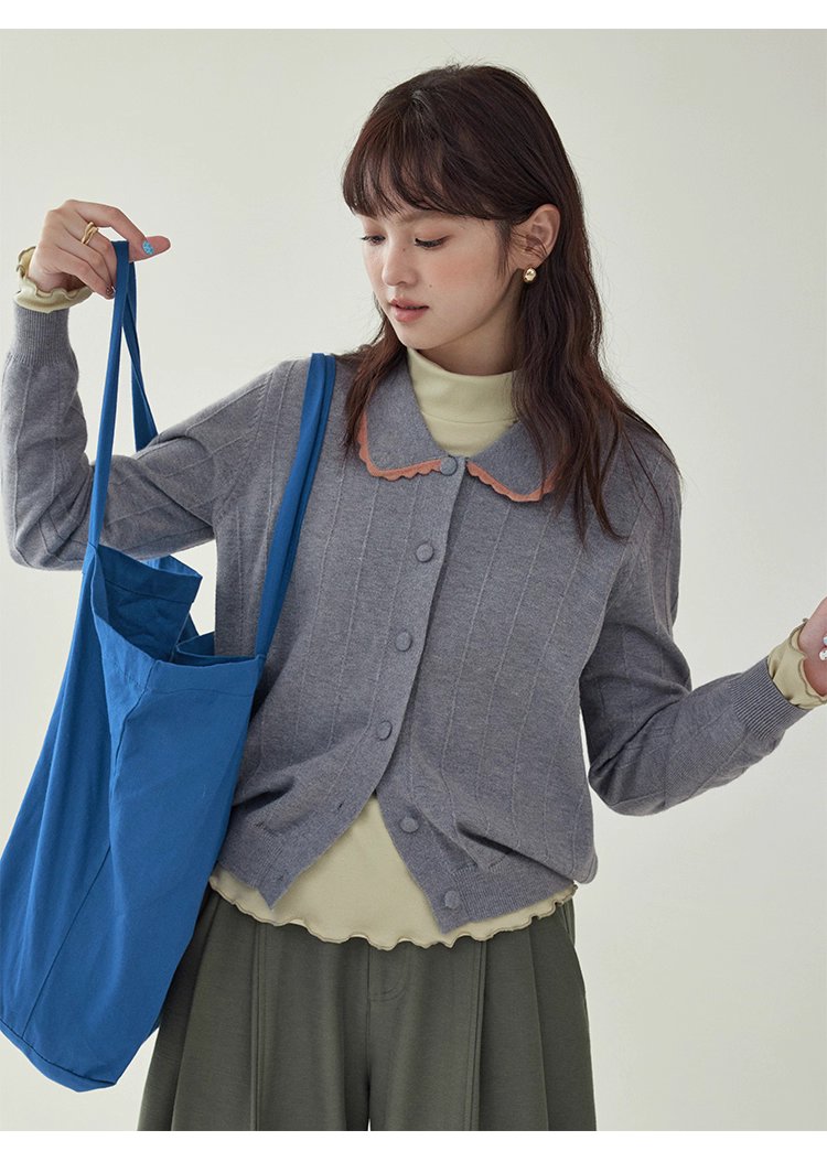 韓系撞色翻領針織開襟衫女秋季新款單排扣長袖上衣