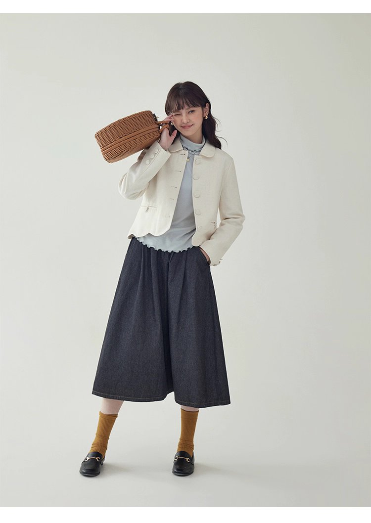 小香風純色單排扣短外套女秋新款波浪擺長袖上衣