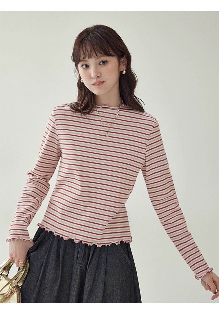 下擺扣條紋兩穿內搭T恤女秋新款花邊長袖上衣